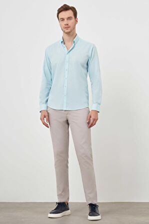  Erkek Su Yeşili Keten Düz Desen Düğmeli Yaka Slim Fit Gömlek