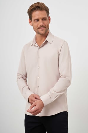  Erkek Bej Basic Düz Desen Sert Yaka Slim Fit Gömlek
