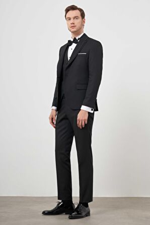  Erkek Siyah Poliviskon Ceromonia Jakar Desen Slim Fit Şal Çıkma Yaka Damatlık