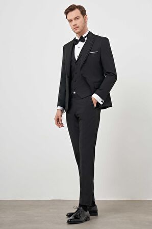  Erkek Siyah Poliviskon Ceromonia Jakar Desen Slim Fit Şal Çıkma Yaka Damatlık