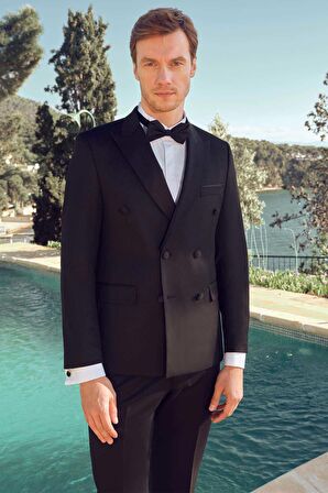  Erkek Siyah Poliviskon Ceromonia Kruvaze Slim Fit Sivri Çıkma Yaka Damatlık