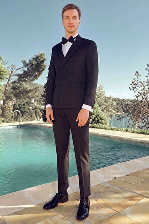  Erkek Siyah Poliviskon Ceromonia Kruvaze Slim Fit Sivri Çıkma Yaka Damatlık