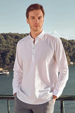  Erkek Beyaz Pamuk Baskılı Desenli İtalyan Yaka Regular Fit Gömlek