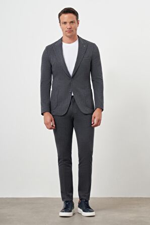  Erkek Füme Poliviskon Trend Çizgili Desen Slim Fit Sivri Yaka Takım Elbise