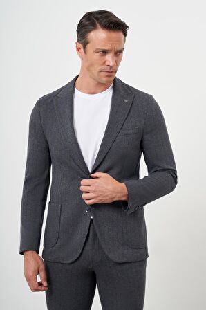  Erkek Füme Poliviskon Trend Çizgili Desen Slim Fit Sivri Yaka Takım Elbise