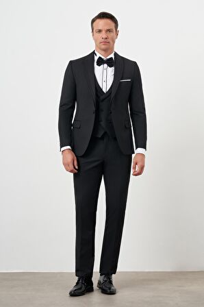  Erkek Siyah Poliviskon Ceromonia Düz Desen Slim Fit Şal Çıkma Yaka Damatlık