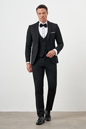  Erkek Siyah Poliviskon Ceromonia Düz Desen Slim Fit Şal Çıkma Yaka Damatlık