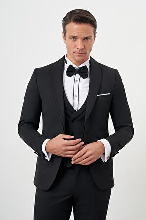  Erkek Siyah Poliviskon Ceromonia Düz Desen Slim Fit Şal Çıkma Yaka Damatlık