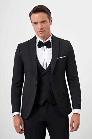  Erkek Siyah Poliviskon Ceromonia Düz Desen Slim Fit Şal Çıkma Yaka Damatlık