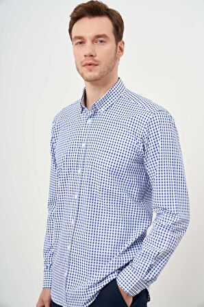  Erkek Mavi Pamuk Cepli Ekoseli Düğmeli Yaka Regular Fit Gömlek