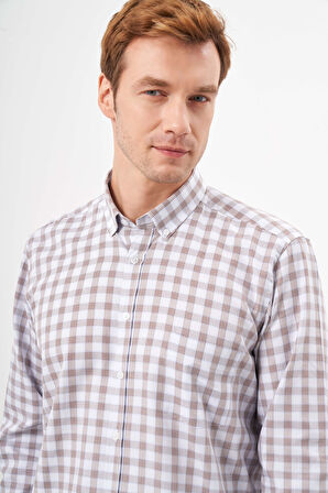  Erkek KAHVE Pamuk Ekoseli Düğmeli Yaka Regular Fit Gömlek