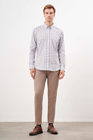  Erkek KAHVE Pamuk Ekoseli Düğmeli Yaka Regular Fit Gömlek