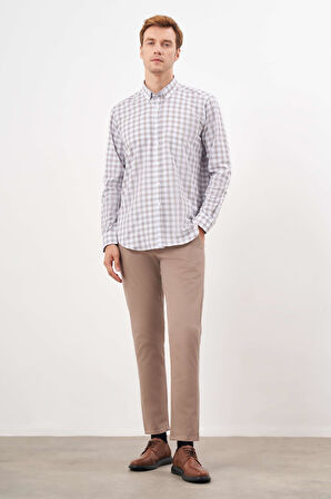  Erkek KAHVE Pamuk Ekoseli Düğmeli Yaka Regular Fit Gömlek