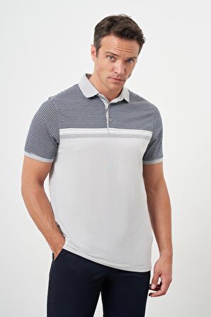  Erkek Gri Trend Çizgili Polo Yaka Dynamic Fit T-Shirt