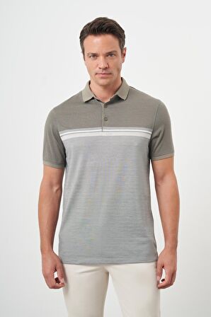  Erkek Haki Trend Çizgili Polo Yaka Dynamic Fit T-Shirt