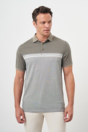  Erkek Haki Trend Çizgili Polo Yaka Dynamic Fit T-Shirt