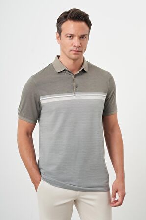  Erkek Haki Trend Çizgili Polo Yaka Dynamic Fit T-Shirt
