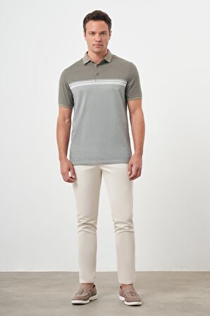 Erkek Haki Trend Çizgili Polo Yaka Dynamic Fit T-Shirt