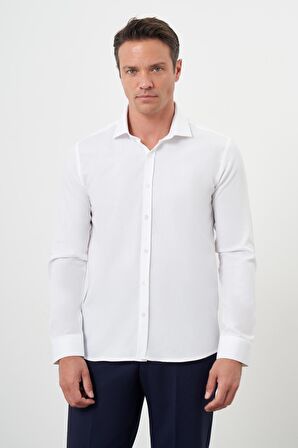  Erkek Beyaz Pamuk Baskılı Desenli  İtalyan Yaka Slim Fit Gömlek