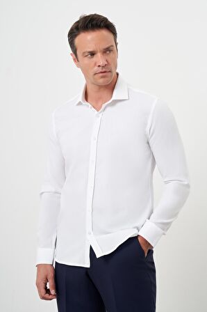  Erkek Beyaz Pamuk Baskılı Desenli  İtalyan Yaka Slim Fit Gömlek