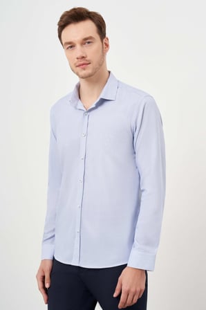  Erkek Lacivert Pamuk Baskılı Desenli İtalyan Yaka Slim Fit Gömlek