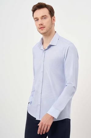  Erkek Lacivert Pamuk Baskılı Desenli İtalyan Yaka Slim Fit Gömlek