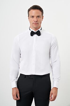  Erkek Beyaz Manşetlii Jakar Desen Ata Yaka Slim Fit Gömlek