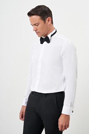  Erkek Beyaz Manşetlii Jakar Desen Ata Yaka Slim Fit Gömlek