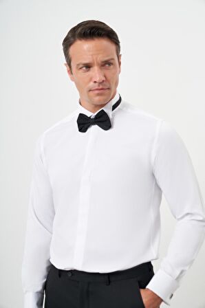  Erkek Beyaz Manşetlii Jakar Desen Ata Yaka Slim Fit Gömlek