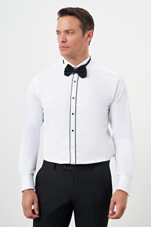  Erkek Siyah Biyeli Düz Desen Ata Yaka Slim Fit Gömlek
