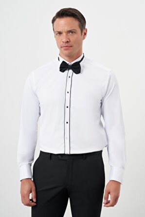  Erkek Siyah Biyeli Düz Desen Ata Yaka Slim Fit Gömlek