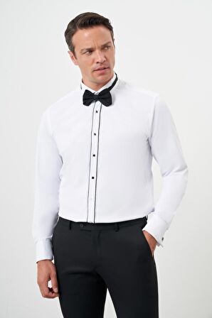  Erkek Siyah Biyeli Düz Desen Ata Yaka Slim Fit Gömlek