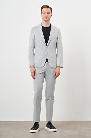  Erkek Gri Poliviskon Trend Çizgili Desen Slim Fit Mono Yaka Takım Elbise