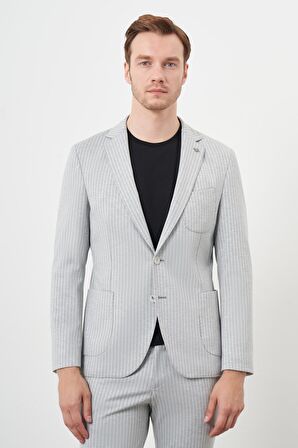  Erkek Gri Poliviskon Trend Çizgili Desen Slim Fit Mono Yaka Takım Elbise
