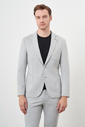  Erkek Gri Poliviskon Trend Çizgili Desen Slim Fit Mono Yaka Takım Elbise