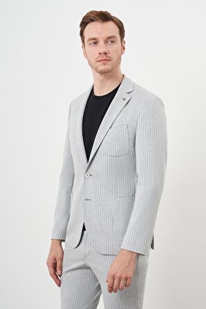  Erkek Gri Poliviskon Trend Çizgili Desen Slim Fit Mono Yaka Takım Elbise