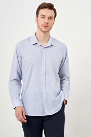  Erkek Lacivert Pamuk Çizgili-Panolu Sert Yaka Regular Fit Gömlek