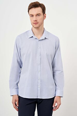  Erkek Lacivert Pamuk Çizgili-Panolu Sert Yaka Regular Fit Gömlek