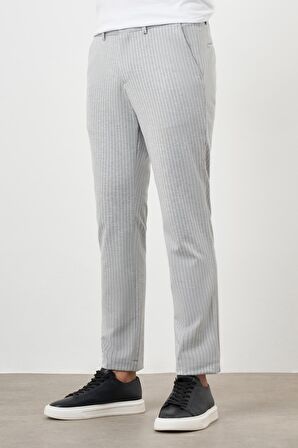  Erkek Gri Poliviskon Trend Çizgili Slim Fit Örme Spor Pantolon