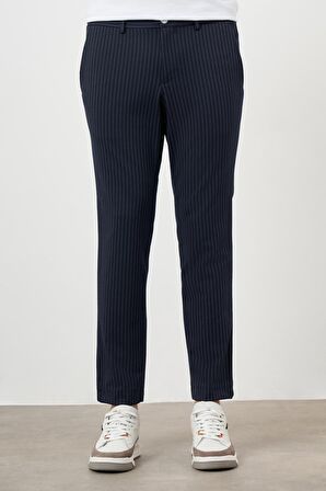  Erkek Lacivert Poliviskon Trend Çizgili Slim Fit Örme Spor Pantolon