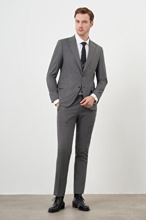  Erkek Füme Poliviskon Trend Yelekli Desenli Slim Fit Sivri Yaka Takım Elbise