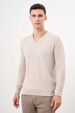  Erkek Bej Basic V Yaka Dynamic Fit Rahat Kesim Triko