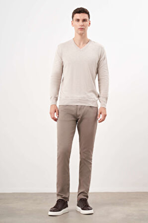  Erkek Bej Basic V Yaka Dynamic Fit Rahat Kesim Triko