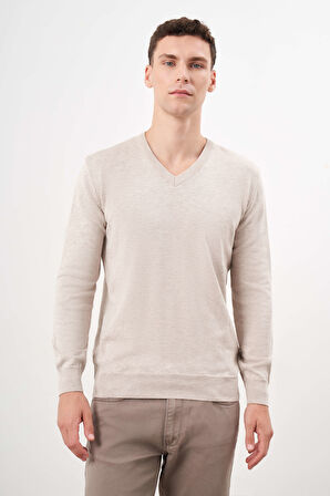  Erkek Bej Basic V Yaka Dynamic Fit Rahat Kesim Triko