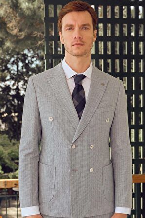  Erkek Mavi Keten Trend Slim Fit Sivri Yaka Takım Elbise