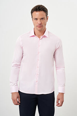  Erkek Pembe Pamuk Düz Desen Sert Yaka Slim Fit  Gömlek