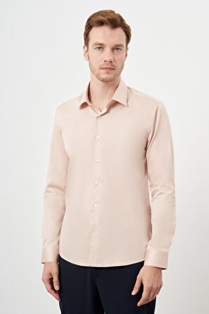  Erkek Bej Pamuk Düz Desen Sert Yaka Slim Fit  Gömlek