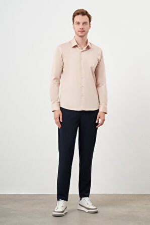  Erkek Bej Pamuk Düz Desen Sert Yaka Slim Fit  Gömlek