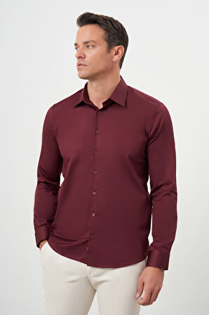  Erkek Bordo Pamuk Düz Desen Sert Yaka Slim Fit  Gömlek