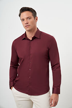  Erkek Bordo Pamuk Düz Desen Sert Yaka Slim Fit  Gömlek